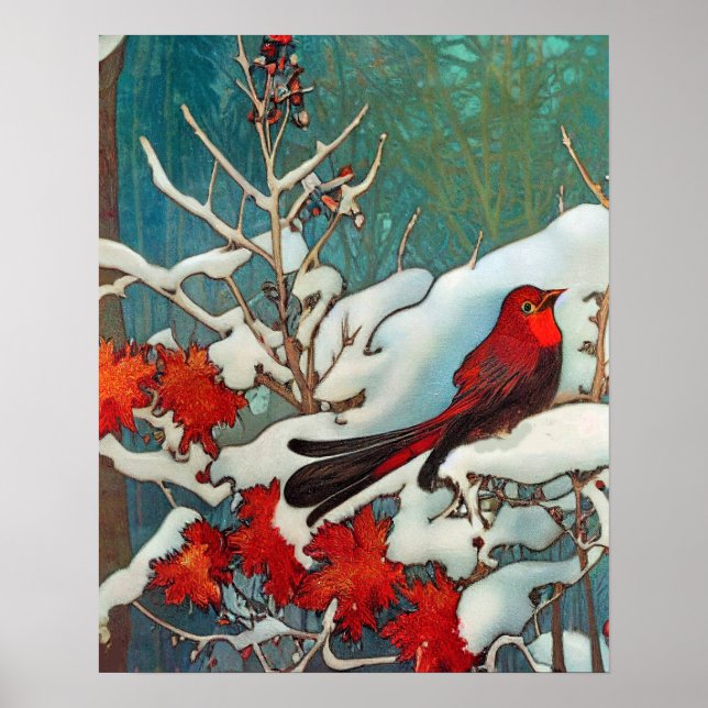 Roter Kardinal Vogel im Schnee Poster (Vorne)
