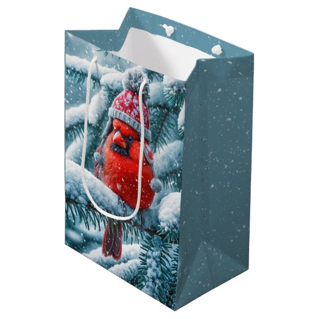 Roter Kardinal-Vogel mit Wintermütze Mittlere Geschenktüte (Vorderseite Schrägansicht)