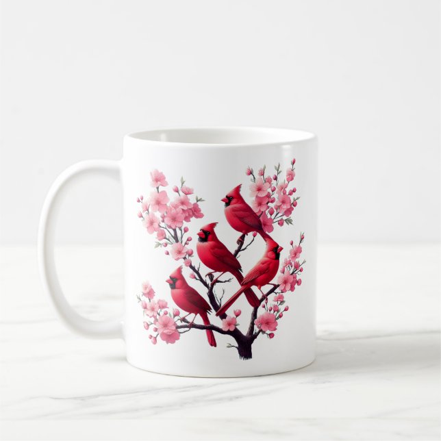 Roter Kardinal Vögel Rosa Kirsche Blossom Tree Bir Kaffeetasse (Links)