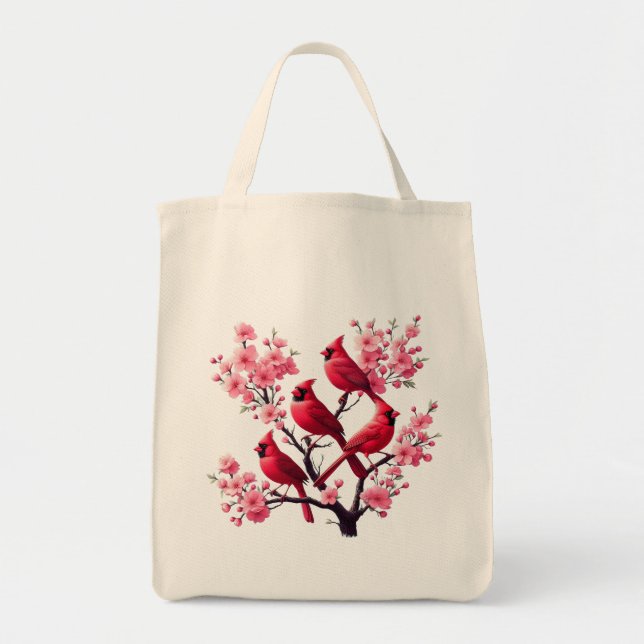 Roter Kardinal Vögel Rosa Kirsche Blossom Tree Bir Tragetasche (Vorne)