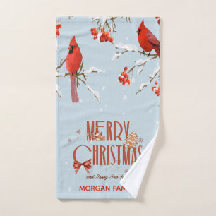 Roter Kardinal Vogelbäume Frohe Weihnachten Blau Badhandtuch Set