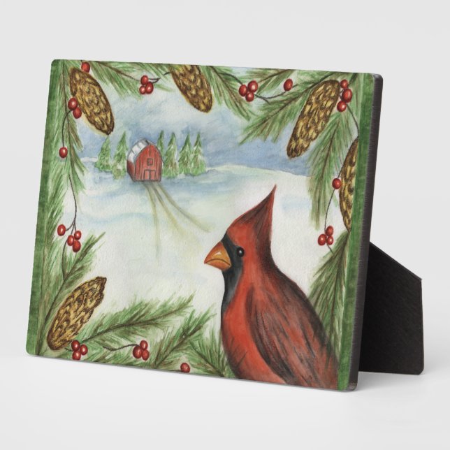 Roter Kardinal Weihnachtsfeiertage Art Deco Fotoplatte (Seite)