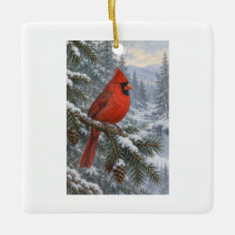 Roter Kardinal-Weihnachtsgeschenk im schneebedeckt Keramikornament
