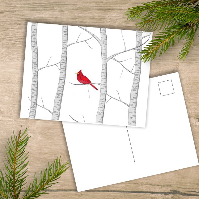 Roter Kardinal Woodland Winterbaum Rustikales Land Feiertagspostkarte (Simple winter botanical red cardinal postcard with a minimalist design.)