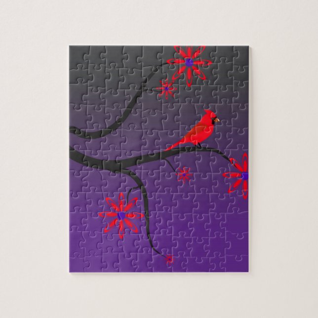 Roter Kardinalsvogel in einem Baum auf lila Puzzle (Vertikal)