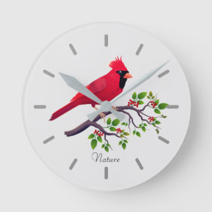 Roter Kardinalvogel auf einem Baumzweig Runde Wanduhr