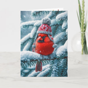 Roter Kardinalvogel mit Winterhut an Weihnachten