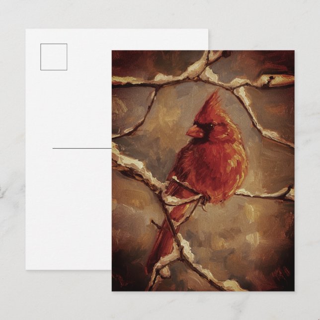 Roter Kardinalvogel-Ölgemälde – Winterzweig Postkarte (Vorne/Hinten)