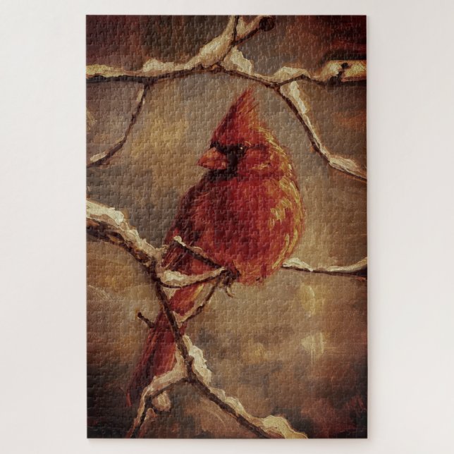 Roter Kardinalvogel-Ölgemälde – Winterzweig Puzzle (Vertikal)