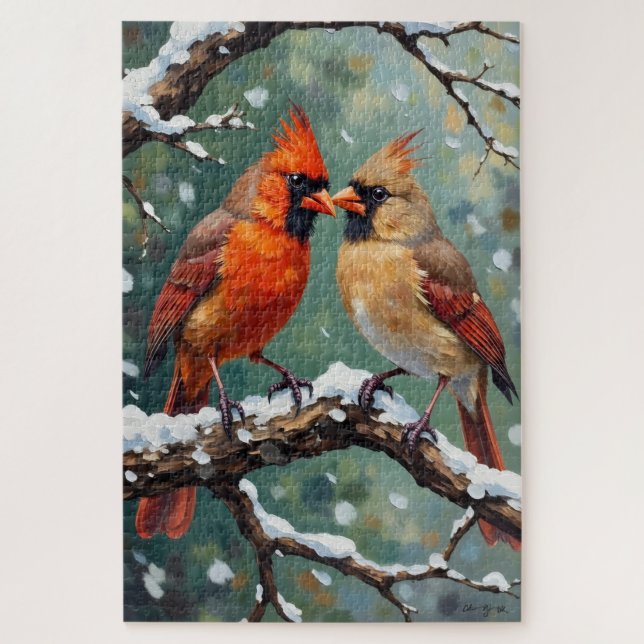 Roter Kardinalvogel-Paar Valentinstag-Geschenk Puzzle (Vertikal)