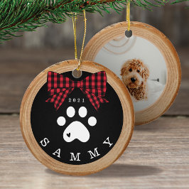 Roter Karierter Bow-Pfoten Druck-Foto Holz Slice Keramik Ornament
