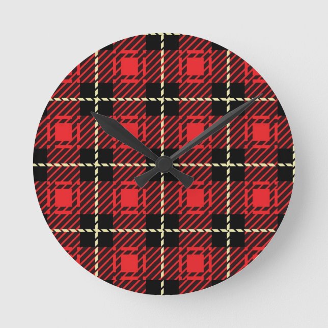 Roter karierter Hintergrund Runde Wanduhr (Vorderseite)
