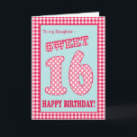 Roter Karo-Polka-Bonbon-16. Geburtstag für Tochter Einladung<br><div class="desc">Eine süße 16. Geburtstags-Karte für eine Tochter,  mit einem hübschen,  retro Gefühl. Die Buchstaben,  die Zahlen und die Grenze sind in den roten und weißen Karogingham- und -polkapunkten auf einem Himmelblauhintergrund. Sie können die innere Mitteilung ändern,  wenn Sie wünschen.</div>