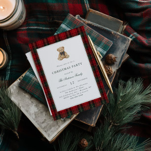 Roter Karo-Teddybär-Weihnachtsfeier Einladung