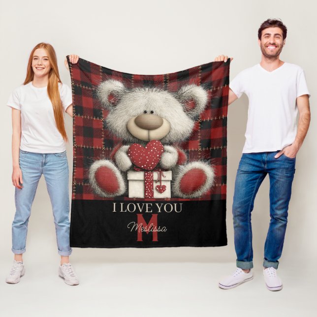 Roter Karobär Ich liebe dich Benutzerdefinierter N Fleecedecke (Beispiel)