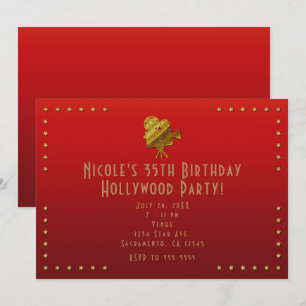 Roter Kinosaal & Goldene Sterne Hollywood-Party-Ei Einladung
