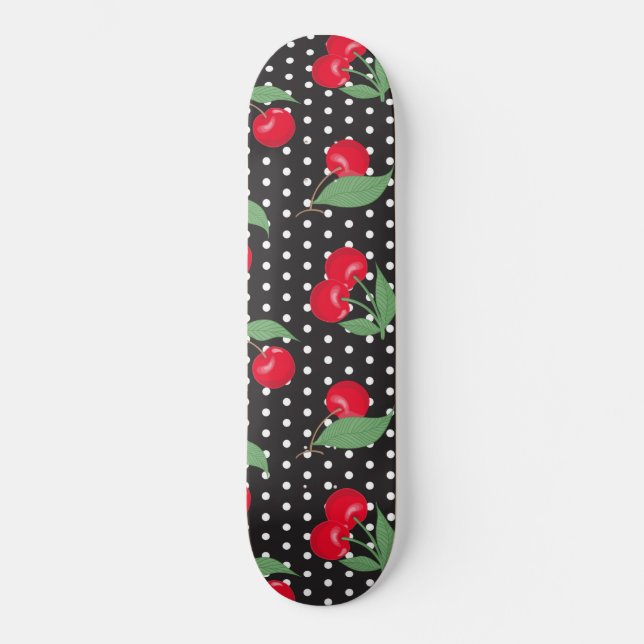 Roter Kirschfrucht Grüne Blätter Schwarz-weiße Pun Skateboard (Vorderseite)