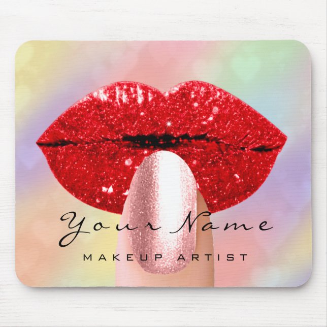 Roter Kiss Lips Holograph Rainbow Nails Makeup Mousepad (Vorne)