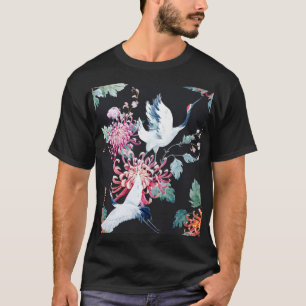 Roter Kranich Chrysanthemen Wasserfarbenmuster T-Shirt