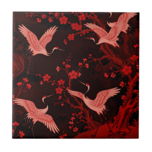 Roter Kranich-Kirschblüten-Chinoiserie-Muster Fliese
