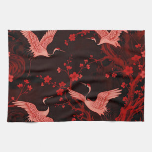 Roter Kranich-Kirschblüten-Chinoiserie-Muster Geschirrtuch