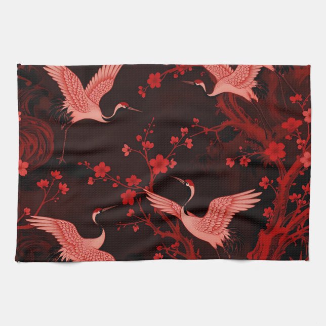 Roter Kranich-Kirschblüten-Chinoiserie-Muster Geschirrtuch (Horizontal)