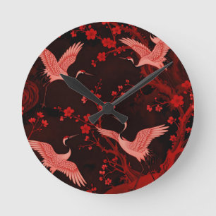 Roter Kranich-Kirschblüten-Chinoiserie-Muster Runde Wanduhr