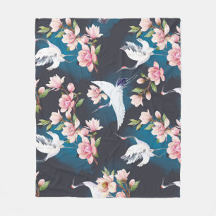 Roter Kranich Magnolie: Japanische Aquarellmalerei Fleecedecke