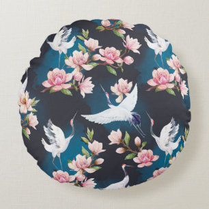 Roter Kranich Magnolie: Japanische Aquarellmalerei Rundes Kissen