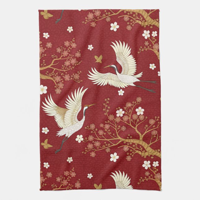 Roter Kronenkranich-Sakura-Muster (1) Geschirrtuch (Vertikal)