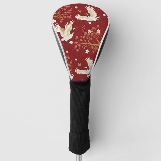 Roter Kronenkranich Sakura-Muster (1) Golf Headcover (Vorderseite)