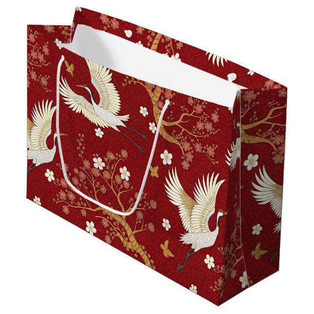 Roter Kronenkranich-Sakura-Muster (1) Große Geschenktüte (Vorderseite Schrägansicht)