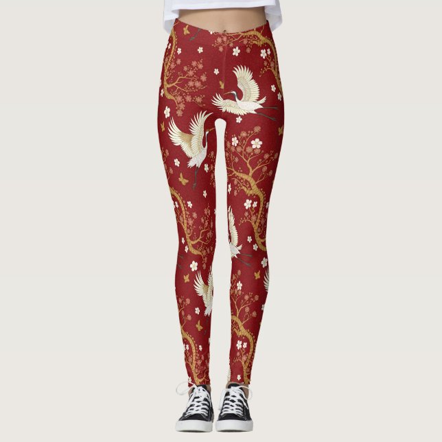 Roter Kronenkranich-Sakura-Muster (1) Leggings (Vorderseite)