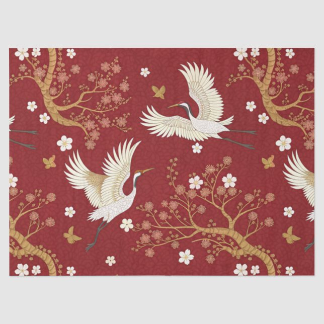 Roter Kronenkranich-Sakura-Muster (1) Seidenpapier (Vorderseite)