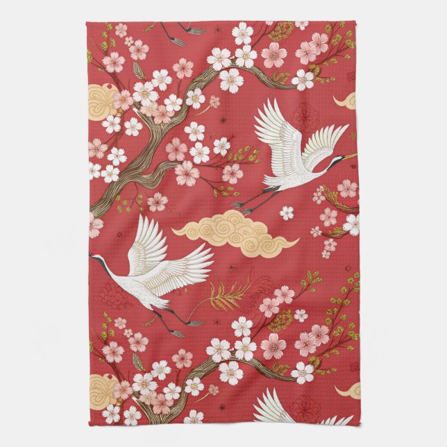 Roter Kronenkranich-Sakura-Muster (2) Geschirrtuch (Vertikal)