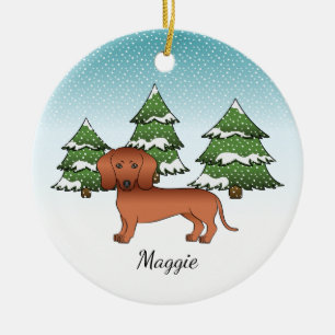 Roter Kurzhaar-Dachshund Süßer Hund - Winterwald Keramik Ornament