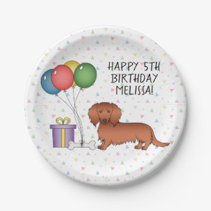 Roter Langhaar-Dachshund-Cartoon-Hund Alles Gute z Pappteller
