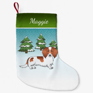 Roter Langhaar-Dachshund mit Pied - Winterwald Kleiner Weihnachtsstrumpf