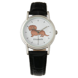 Roter Langhaar-Dachshund Süßer Cartoon-Hund & Name Armbanduhr