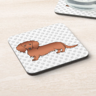 Roter Langhaar-Dachshund Süßer Cartoon-Hund & Pfot Getränkeuntersetzer