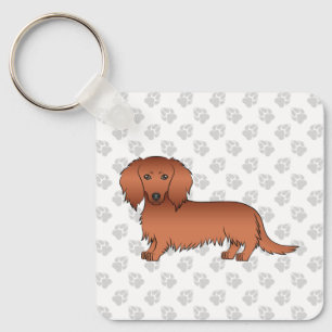 Roter Langhaar-Dachshund Süßer Cartoon-Hund & Pfot Schlüsselanhänger