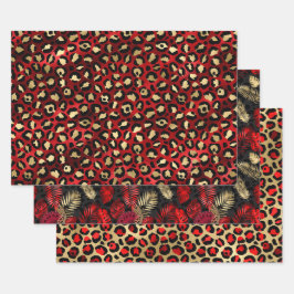 Roter Leopardenprint mit goldenen tropischen Blätt Geschenkpapier Set