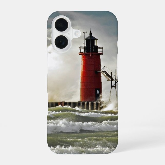 roter Leuchtturm mit riesiger Welle iPhone 16 Hülle (Rückseite)