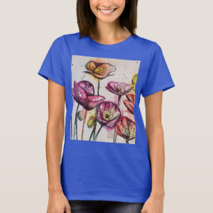 Roter Lila rosa Mohnblütenblume Wasserfarben Kunst T-Shirt