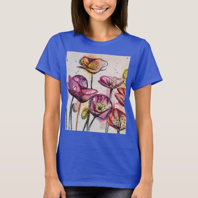 Roter Lila rosa Mohnblütenblume Wasserfarben Kunst T-Shirt (Vorderseite)