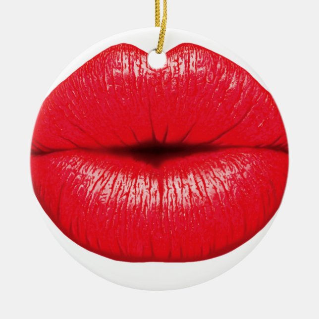 Roter Lippenlippenstift-Pop-Kunstkuß Keramik Ornament (Vorne)