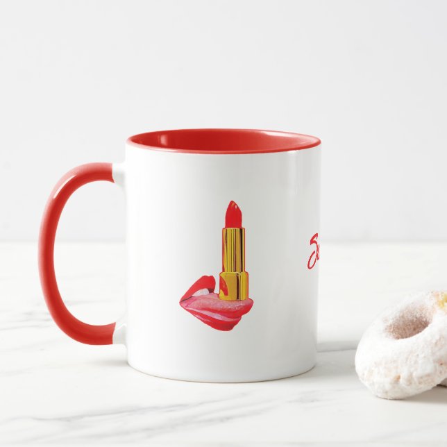 Roter Lipstick mit Personalisierung Tasse (Mit Donut)
