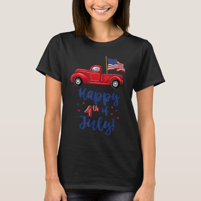 Roter LKW mit amerikanischer Fahne am 4. Juli T-Shirt (Vorderseite)