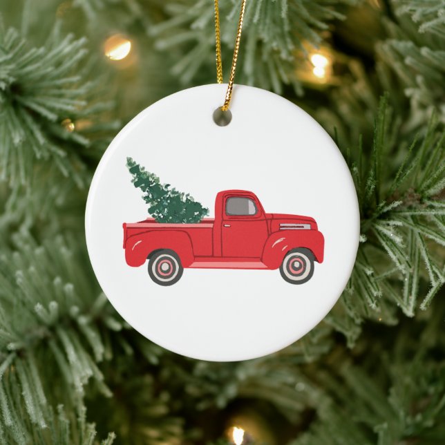 Roter LKW mit Baum Art Keramik Ornament (Baum)