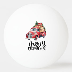 Roter LKW mit Weihnachtsbaum für Pingpongspieler Tischtennisball